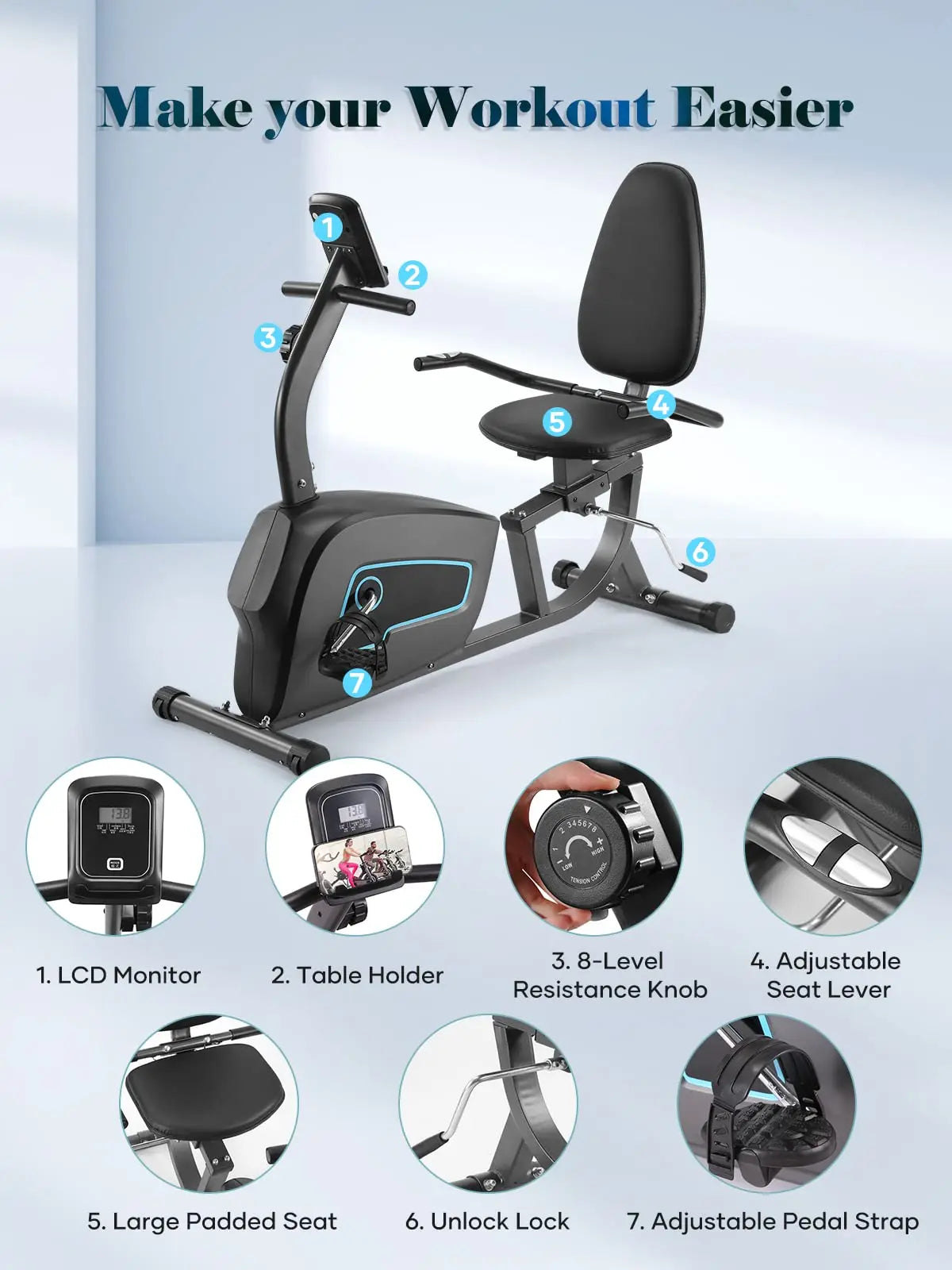 Recumbent Exercise Bike for Home with Adjustable Seat and 8 Resistance Levels - Wellness Outdoor Gear