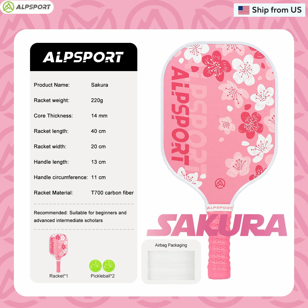 ALPSPORT Sakura USAPA T700 Pickleball Paddle With Free Balls - Wellness Outdoor Gear