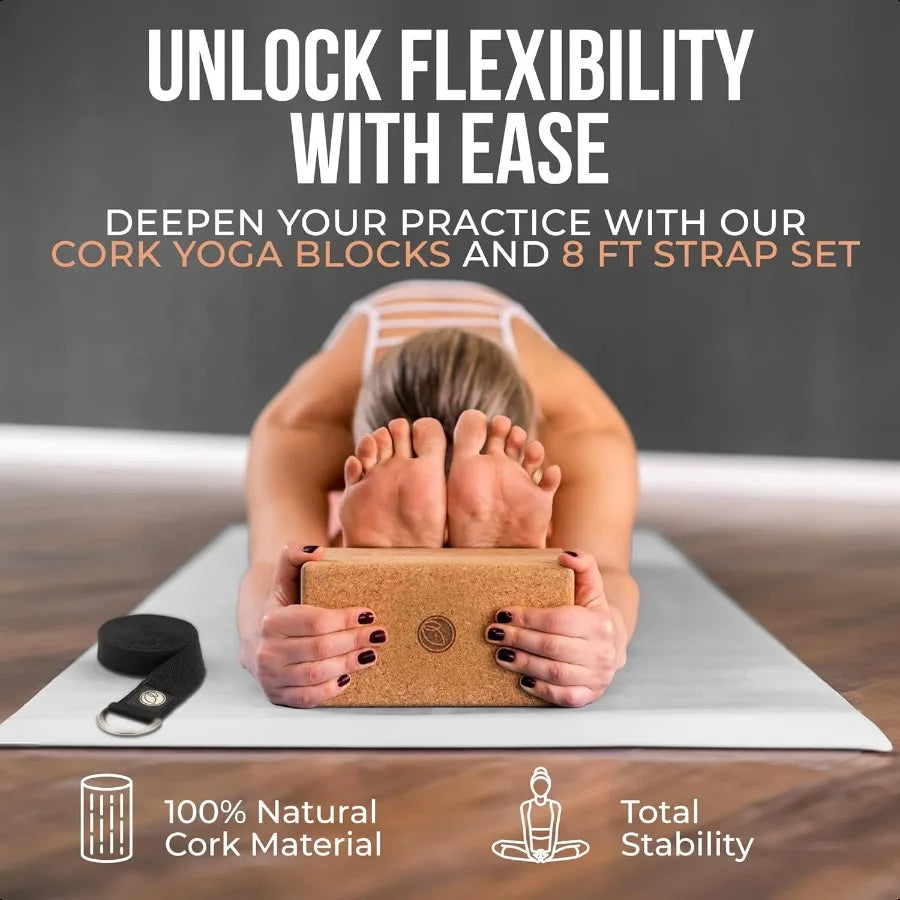 Cork Yoga Blocks 2 Pack With Strap Natural High Density - Wellness Outdoor Gear