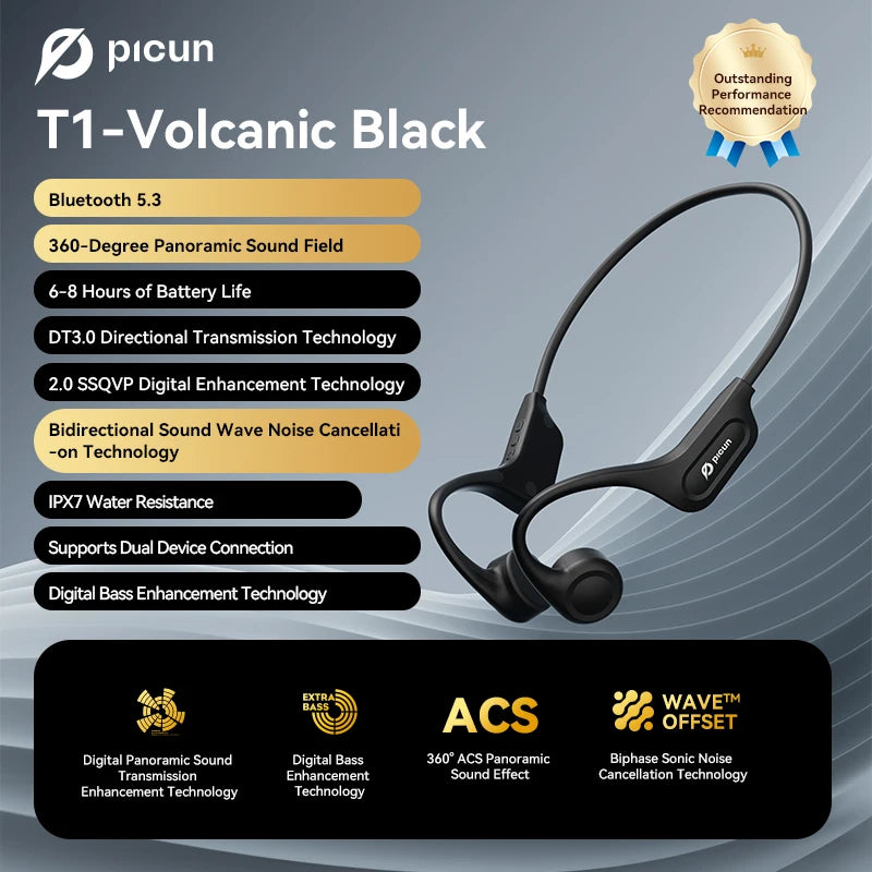 Picun T1 Bone Conduction Bluetooth Earphones IPX7 Waterproof Sport Headphones 3D Sound - Wellness Outdoor Gear