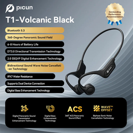 Picun T1 Bone Conduction Bluetooth Earphones IPX7 Waterproof Sport Headphones 3D Sound - Wellness Outdoor Gear