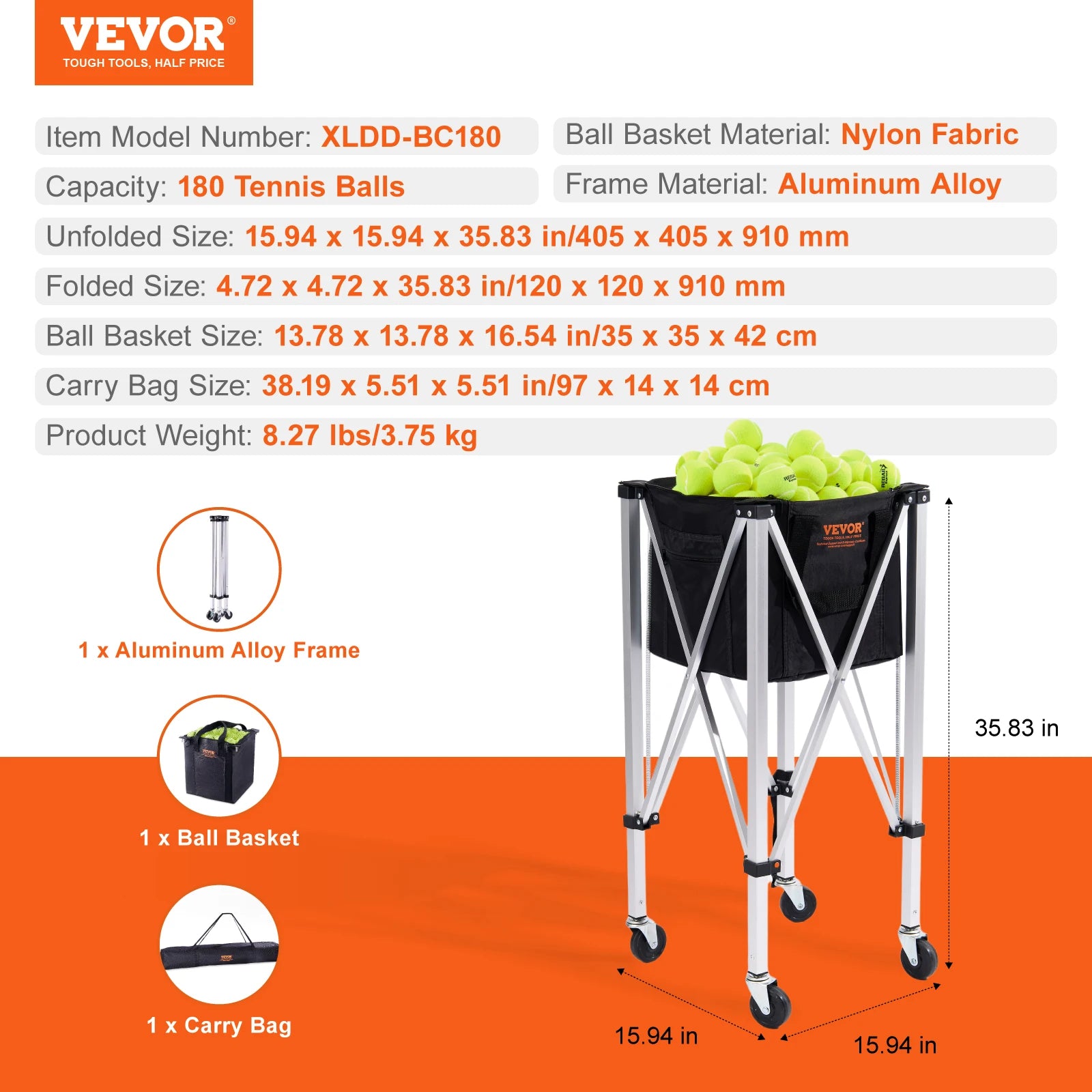 VEVOR Foldable Tennis Ball Cart with Wheels Holds 150 180 Balls Portable Sports Trolley - Wellness Outdoor Gear