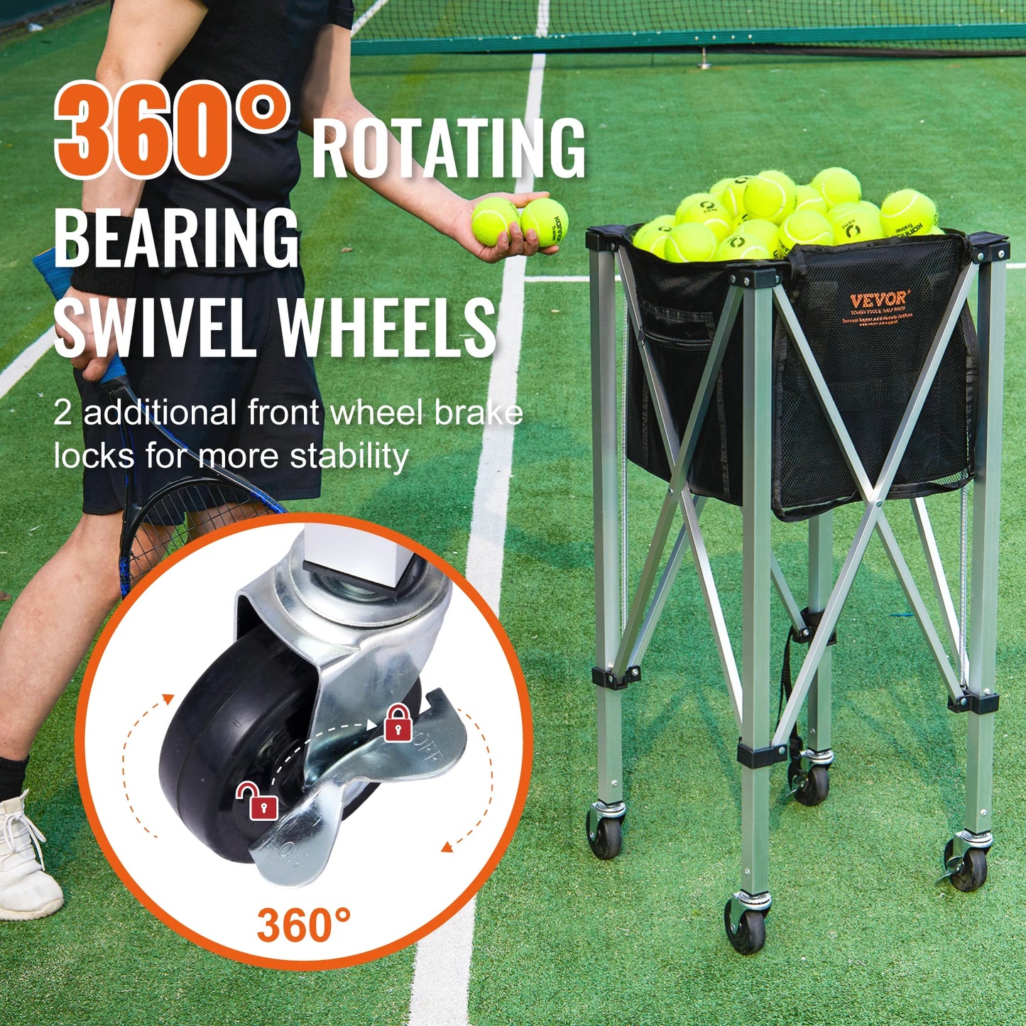 VEVOR Foldable Tennis Ball Cart with Wheels Holds 150 180 Balls Portable Sports Trolley - Wellness Outdoor Gear
