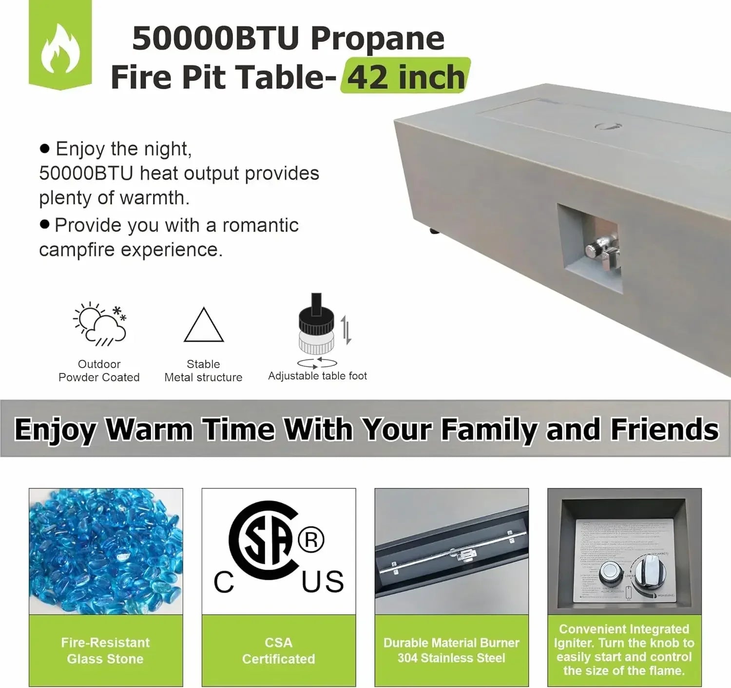 XMSJ Outdoor Propane Fire Pit Table 50,000 BTU Patio - Wellness Outdoor Gear