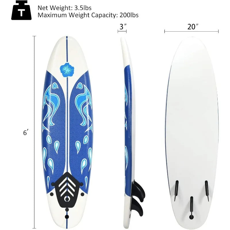 GYMAX 6 Foot Surfboard with Removable Fins and Protective Leash for Surfing and Yoga - Wellness Outdoor Gear