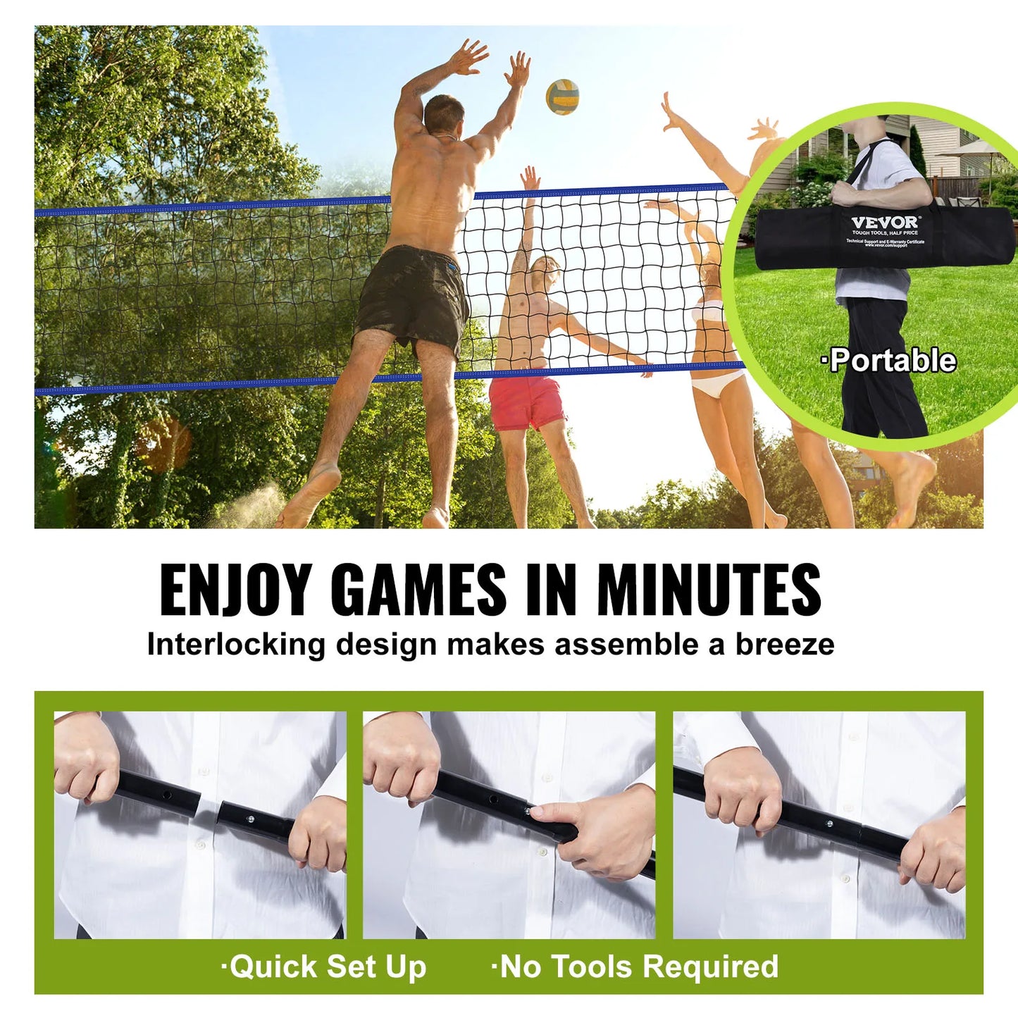 Portable Adjustable Volleyball Net System with Steel Poles and Carrying Bag for Outdoor Fun - Wellness Outdoor Gear