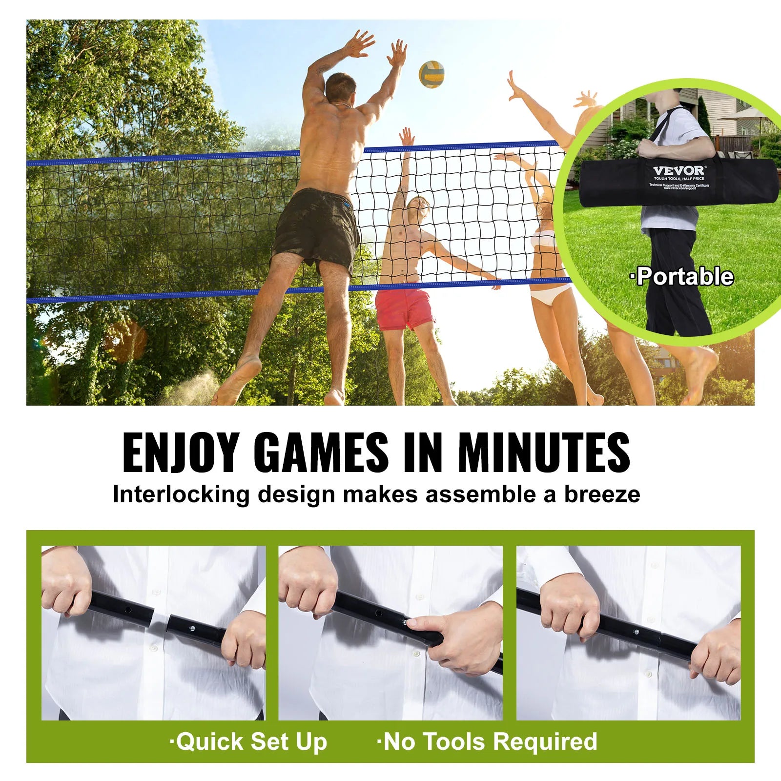 Portable Adjustable Volleyball Net System with Steel Poles and Carrying Bag for Outdoor Fun - Wellness Outdoor Gear