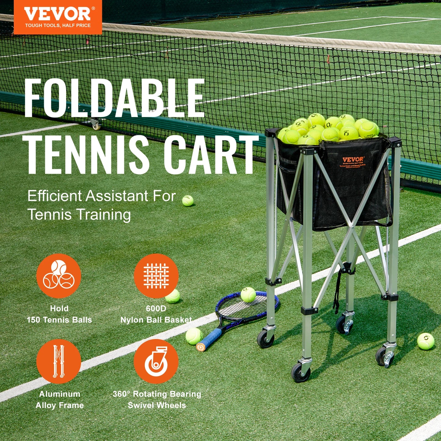 VEVOR Foldable Tennis Ball Cart with Wheels Holds 150 180 Balls Portable Sports Trolley - Wellness Outdoor Gear