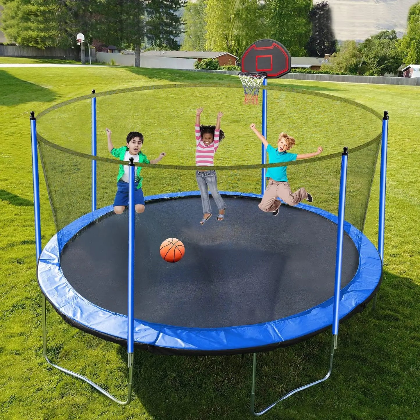 10FT 16FT Heavy Duty Trampoline with Basketball and Safety Enclosure Net - Wellness Outdoor Gear