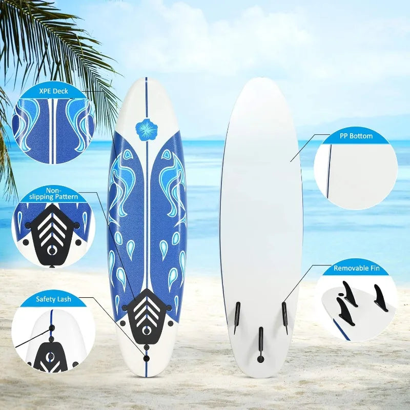 GYMAX 6 Foot Surfboard with Removable Fins and Protective Leash for Surfing and Yoga - Wellness Outdoor Gear