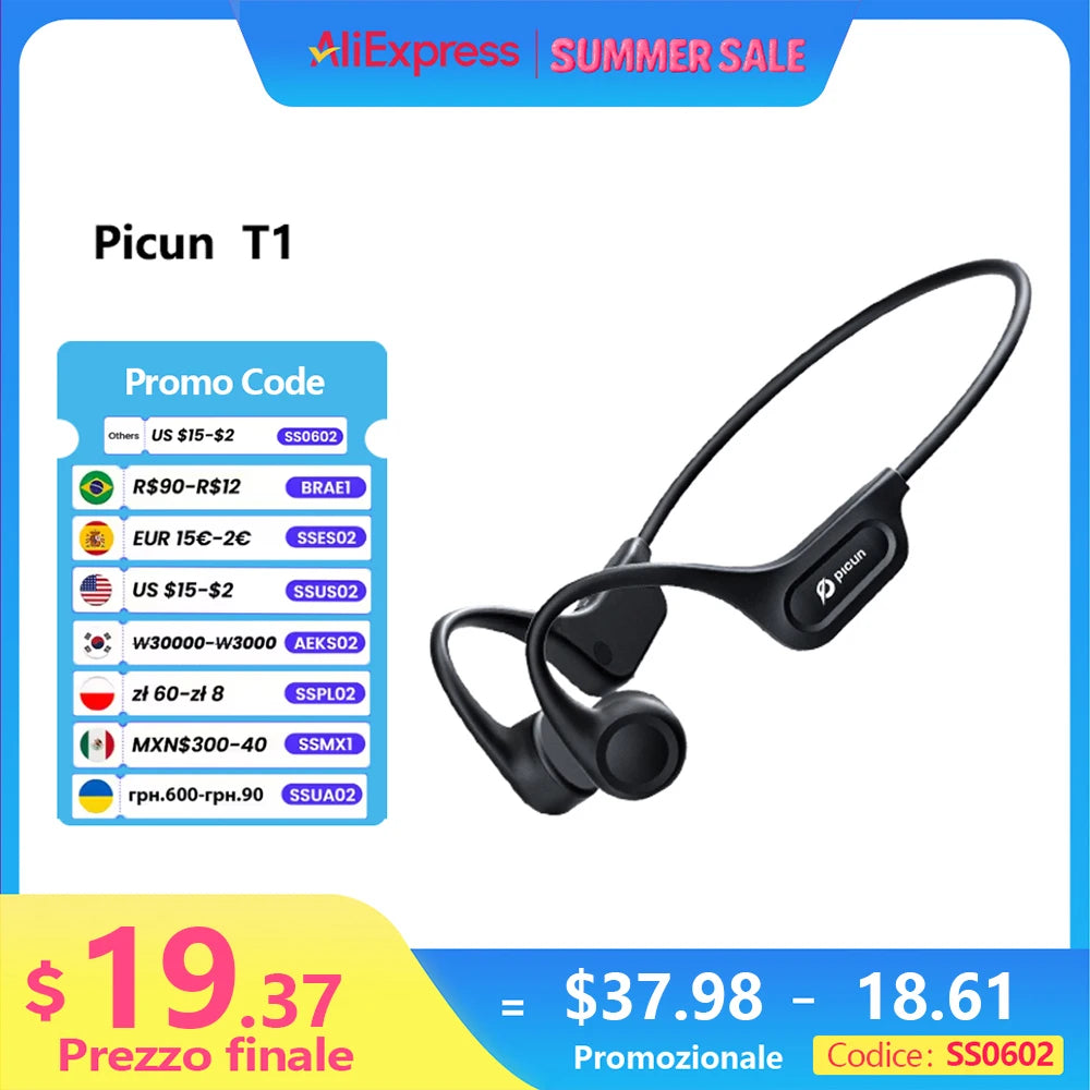 Picun T1 Bone Conduction Bluetooth Earphones IPX7 Waterproof Sport Headphones 3D Sound - Wellness Outdoor Gear