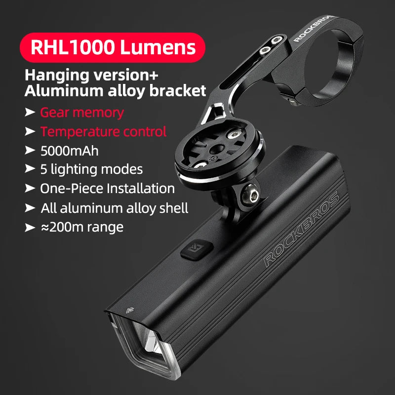ROCKBROS 1000LM IPX6 Rainproof Rechargeable Bike Front Light for Cycling Adventures - Wellness Outdoor Gear
