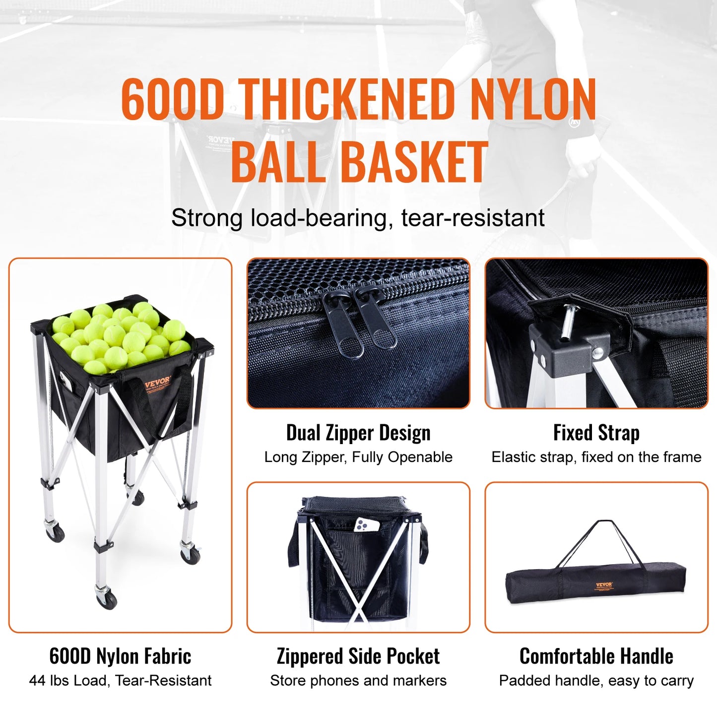 VEVOR Foldable Tennis Ball Cart with Wheels Holds 150 180 Balls Portable Sports Trolley - Wellness Outdoor Gear