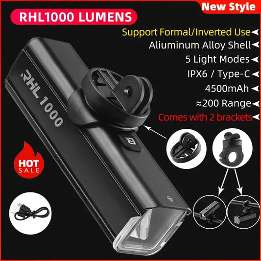 ROCKBROS 1000LM IPX6 Rainproof Rechargeable Bike Front Light for Cycling Adventures - Wellness Outdoor Gear