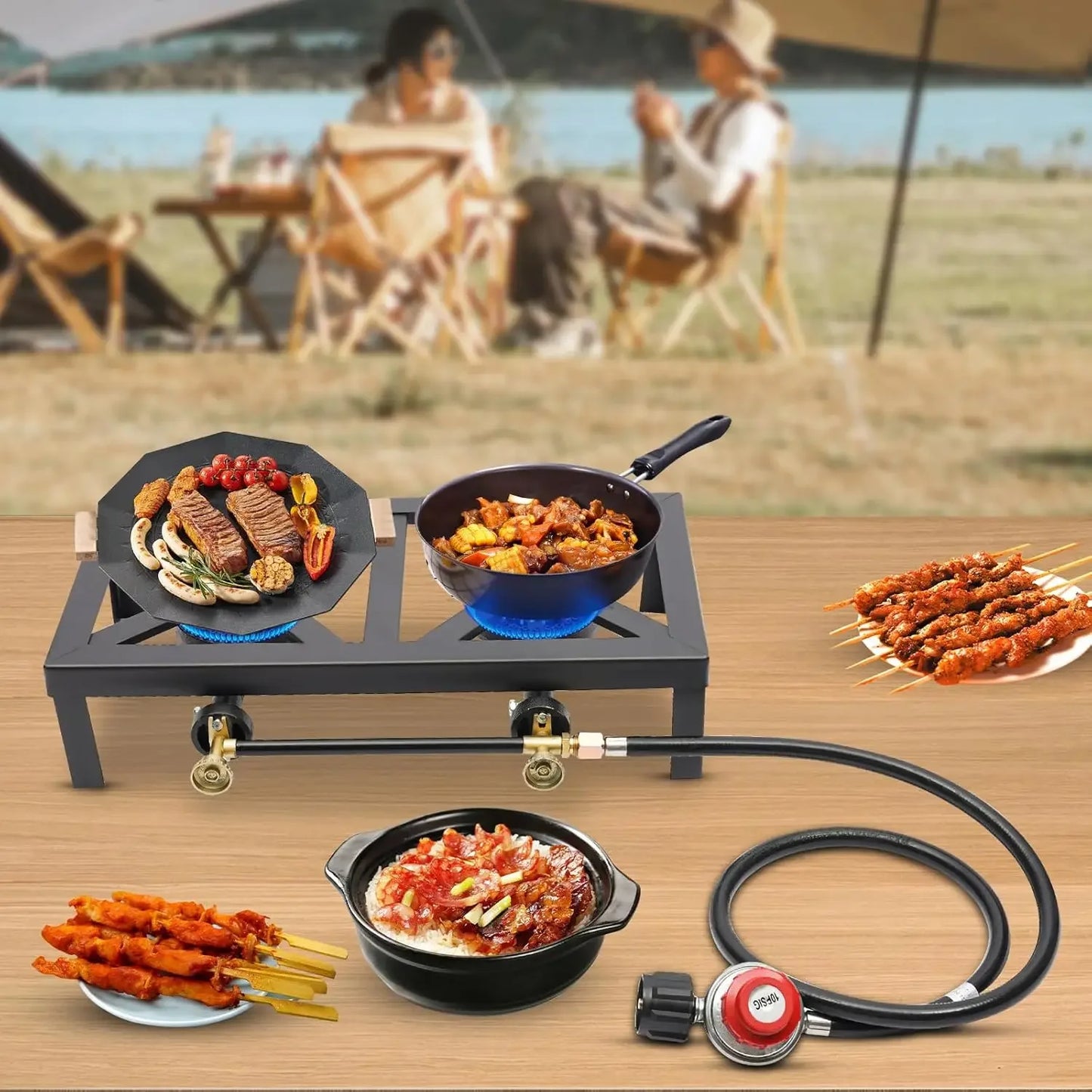 Portable Propane Camp Stove 2 Burner Cast Iron LPG Cooker For Outdoor Cooking