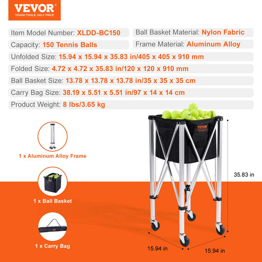 VEVOR Foldable Tennis Ball Cart with Wheels Holds 150 180 Balls Portable Sports Trolley - Wellness Outdoor Gear