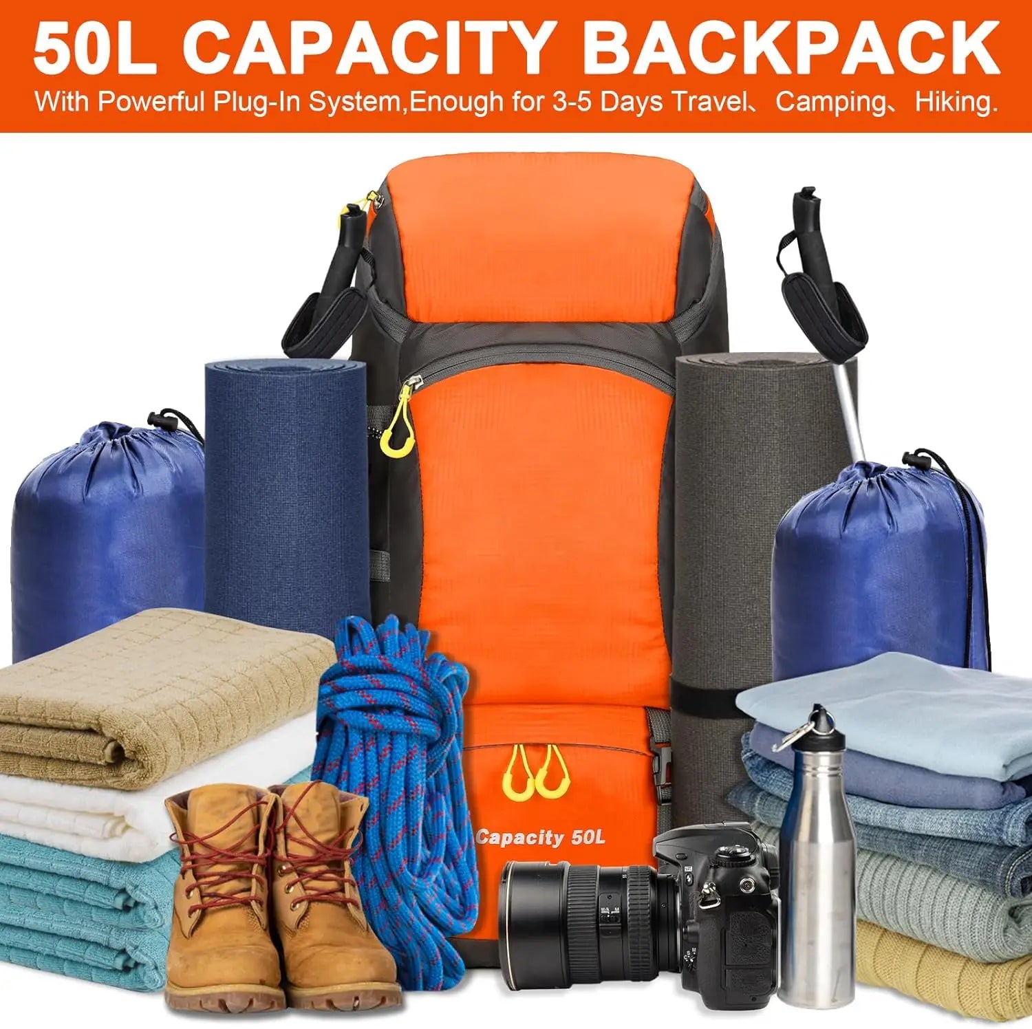 Waterproof 50L Hiking Backpack Lightweight Travel Pack with Rain Cover for Outdoor Adventures - Wellness Outdoor Gear