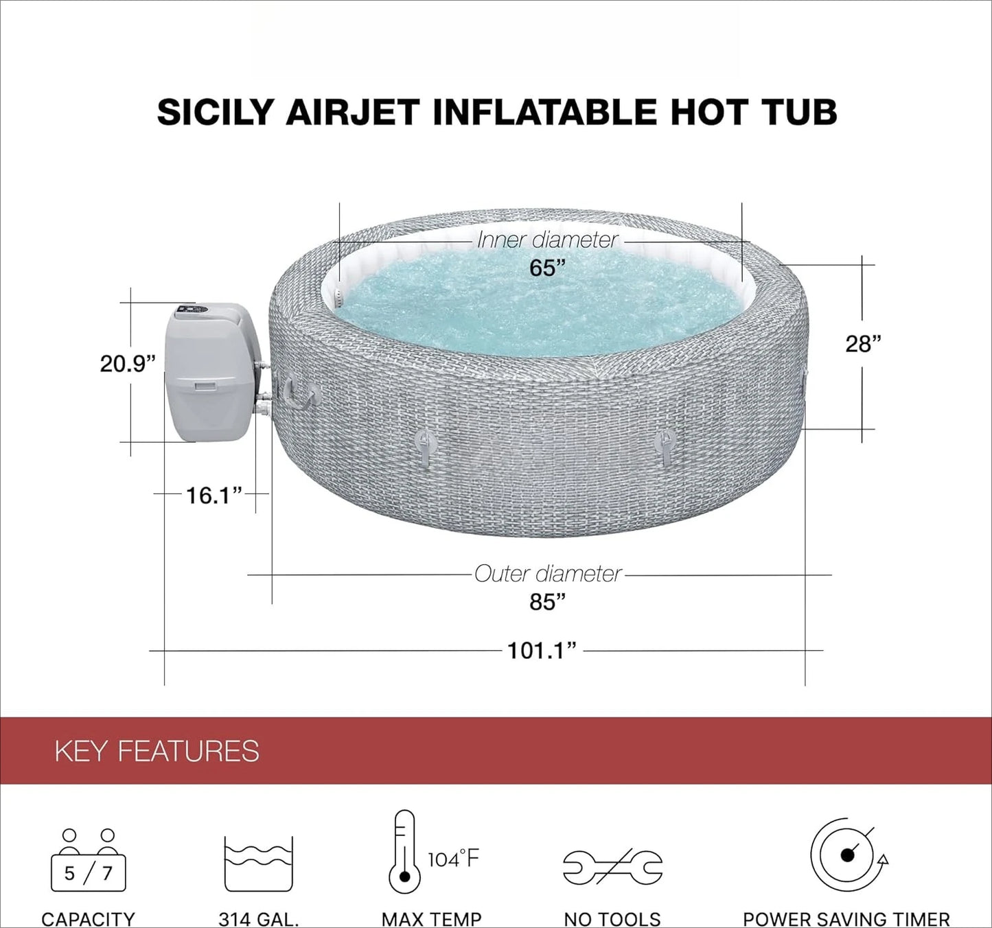 SaluSpa Sicily AirJet 7 Person Inflatable Hot Tub with 180 AirJets and Insulated Cover Gray - Wellness Outdoor Gear