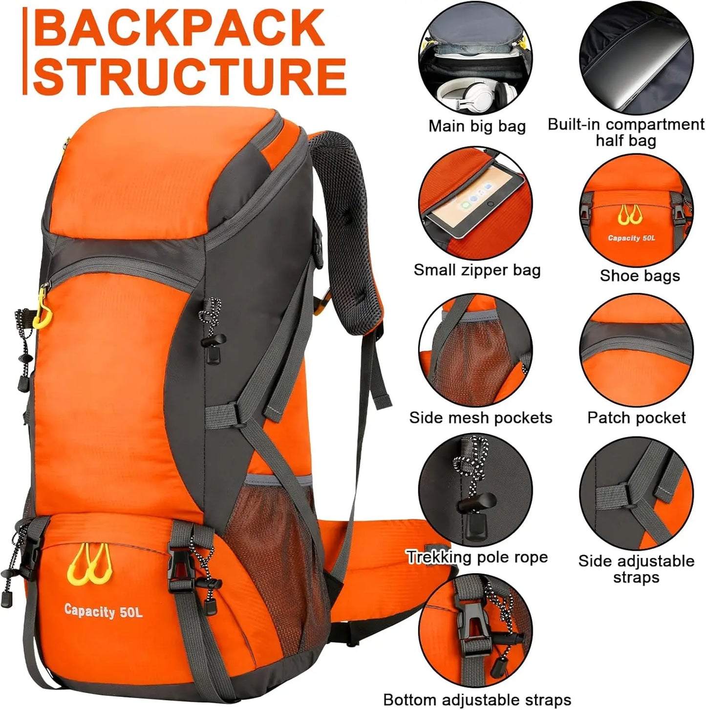 Waterproof 50L Hiking Backpack Lightweight Travel Pack with Rain Cover for Outdoor Adventures - Wellness Outdoor Gear