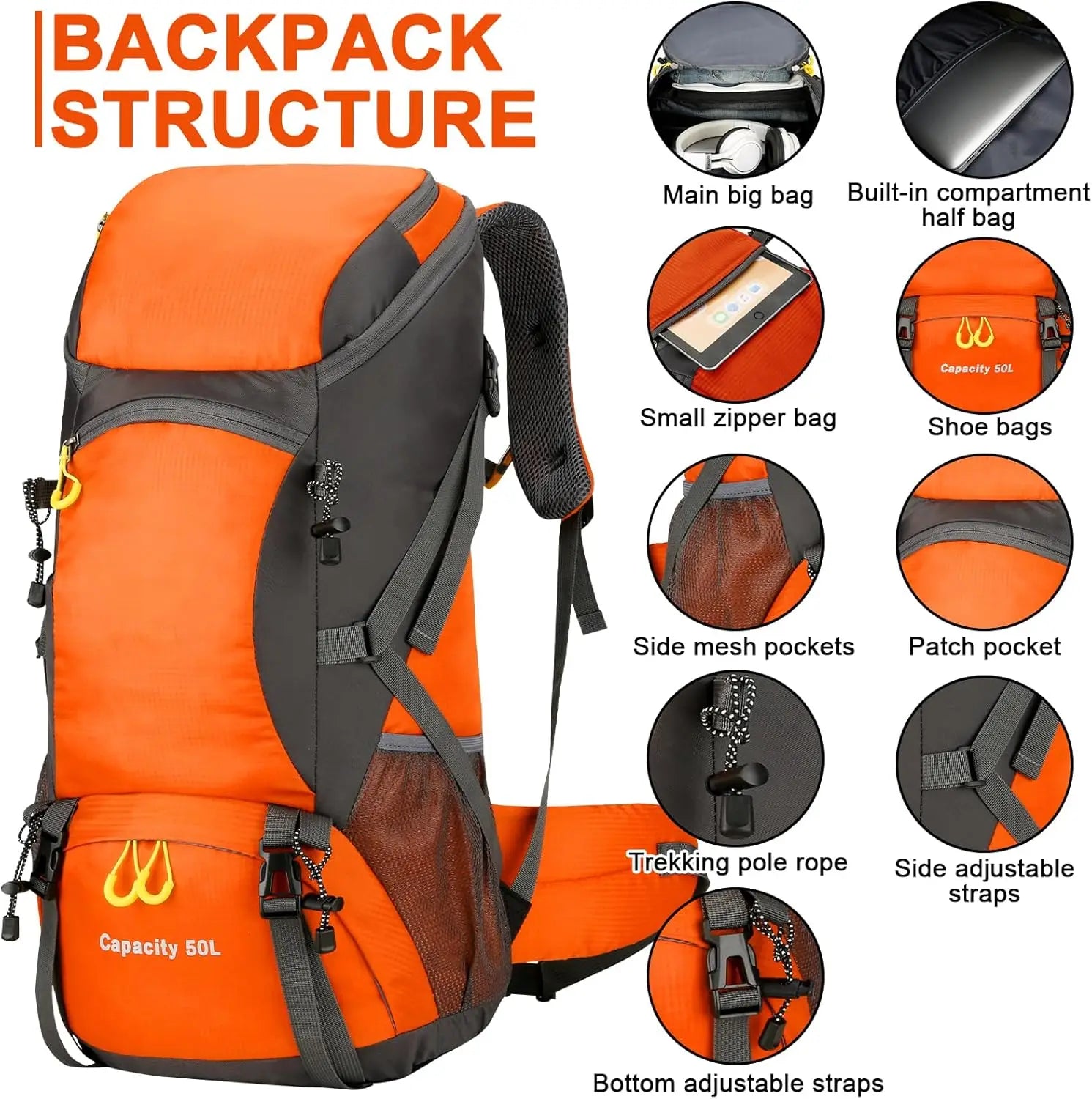 Waterproof 50L Hiking Backpack Lightweight Travel Pack with Rain Cover for Outdoor Adventures - Wellness Outdoor Gear