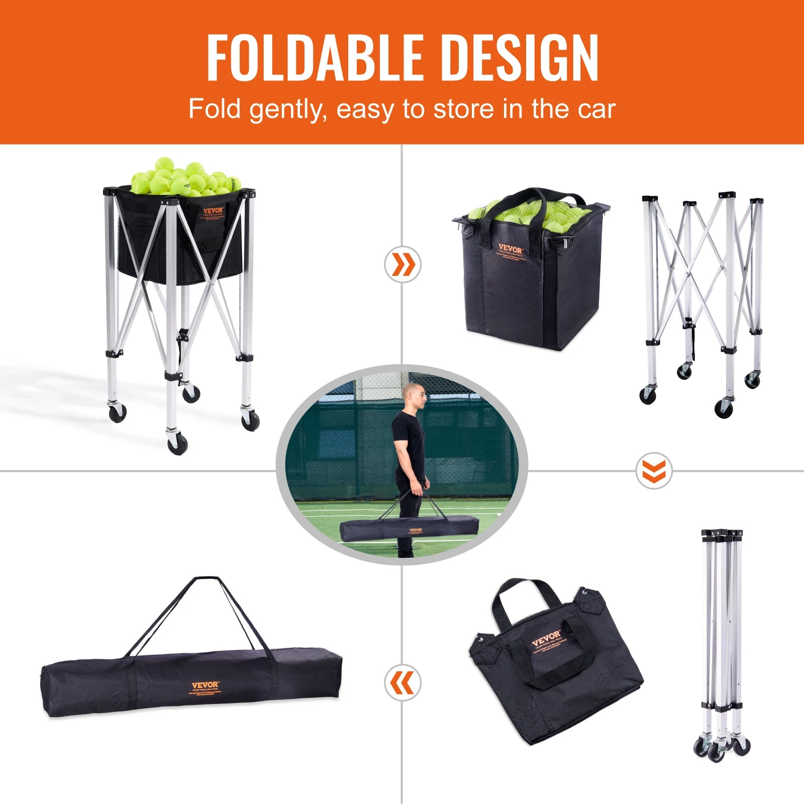 VEVOR Foldable Tennis Ball Cart with Wheels Holds 150 180 Balls Portable Sports Trolley - Wellness Outdoor Gear