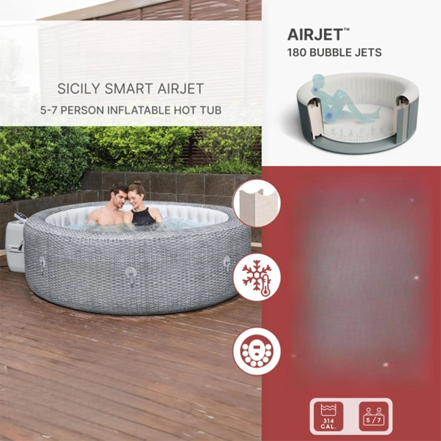 SaluSpa Sicily AirJet 7 Person Inflatable Hot Tub with 180 AirJets and Insulated Cover Gray - Wellness Outdoor Gear